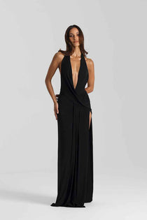Vestido Longo de Festa Frente Única com Decote Profundo e Fenda – Solène