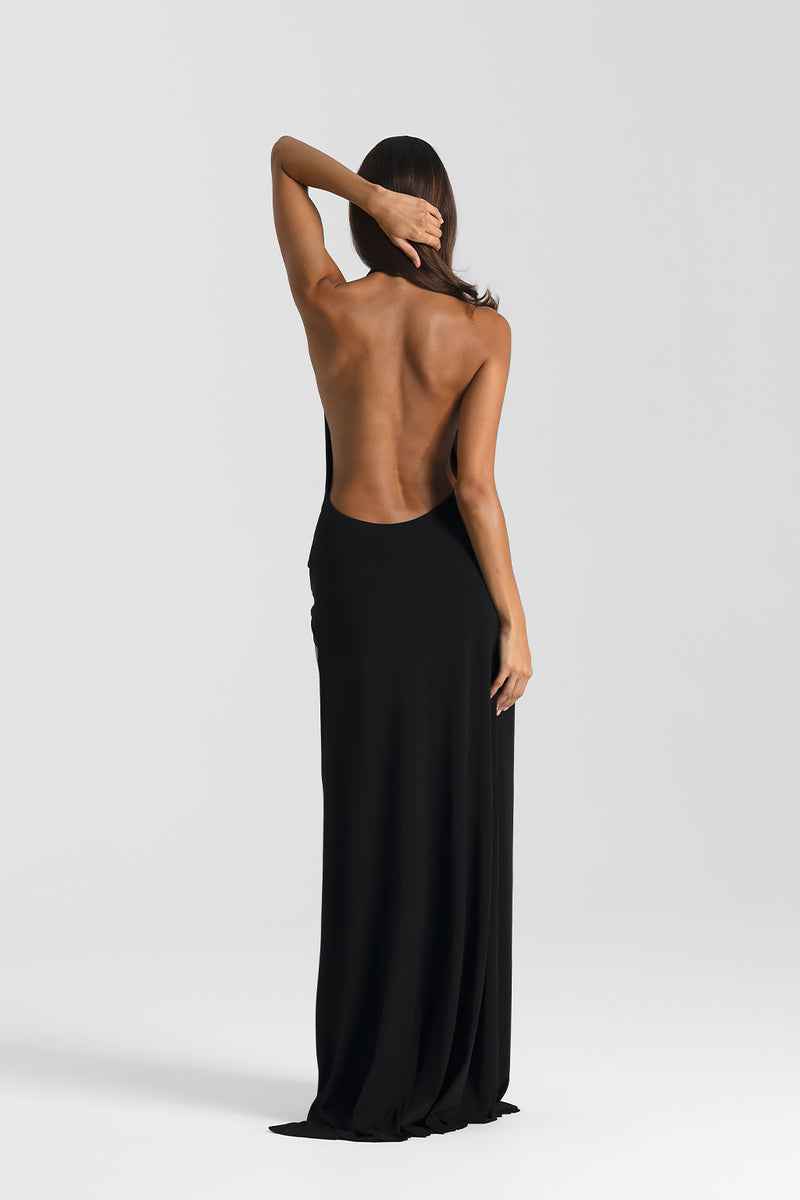 Vestido Longo de Festa Frente Única com Decote Profundo e Fenda – Solène