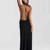 Vestido Longo de Festa Frente Única com Decote Profundo e Fenda – Solène