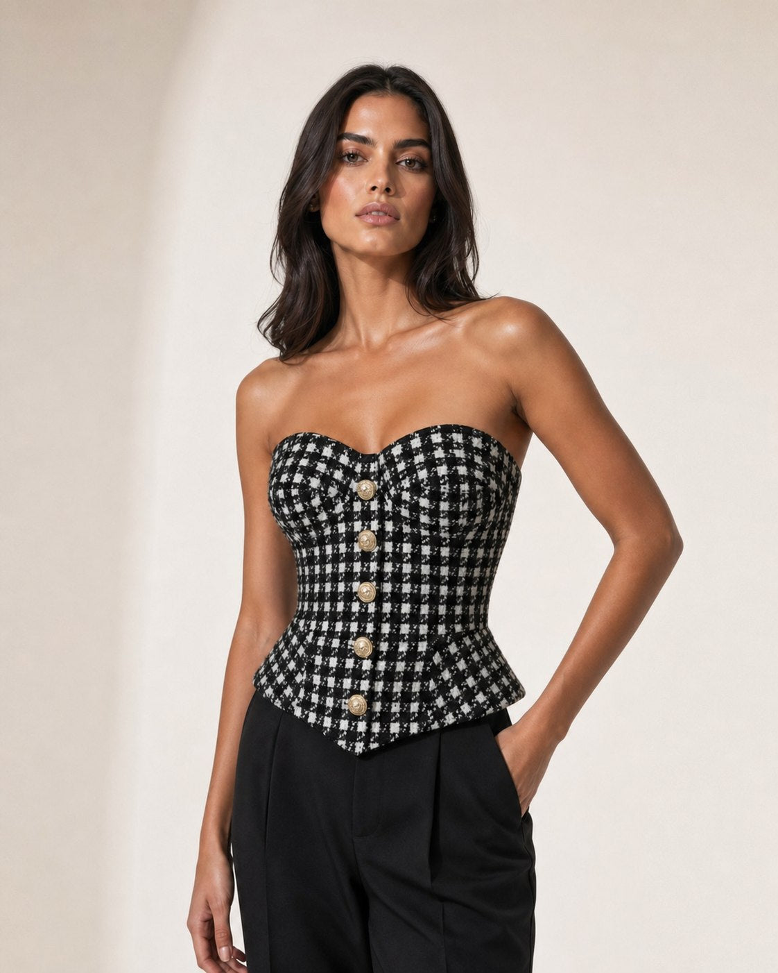 Corset Feminino de Tweed Xadrez com Botões Dourados – Delphine | VIEUX imagem 2