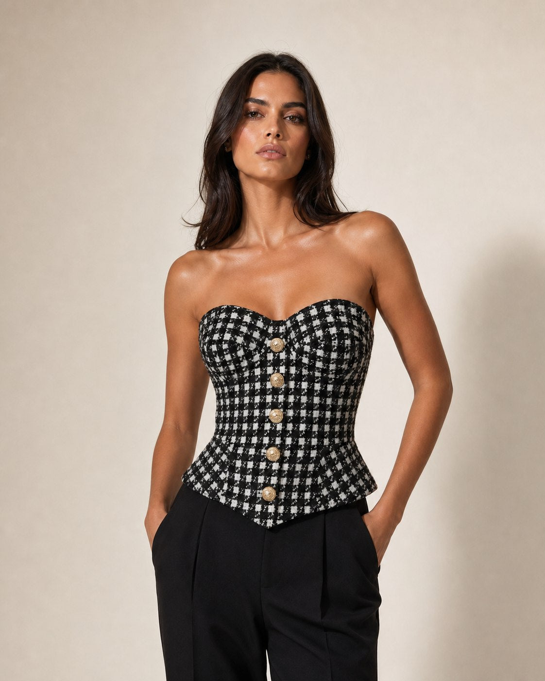 Corset Feminino de Tweed Xadrez com Botões Dourados – Delphine | VIEUX imagem 3