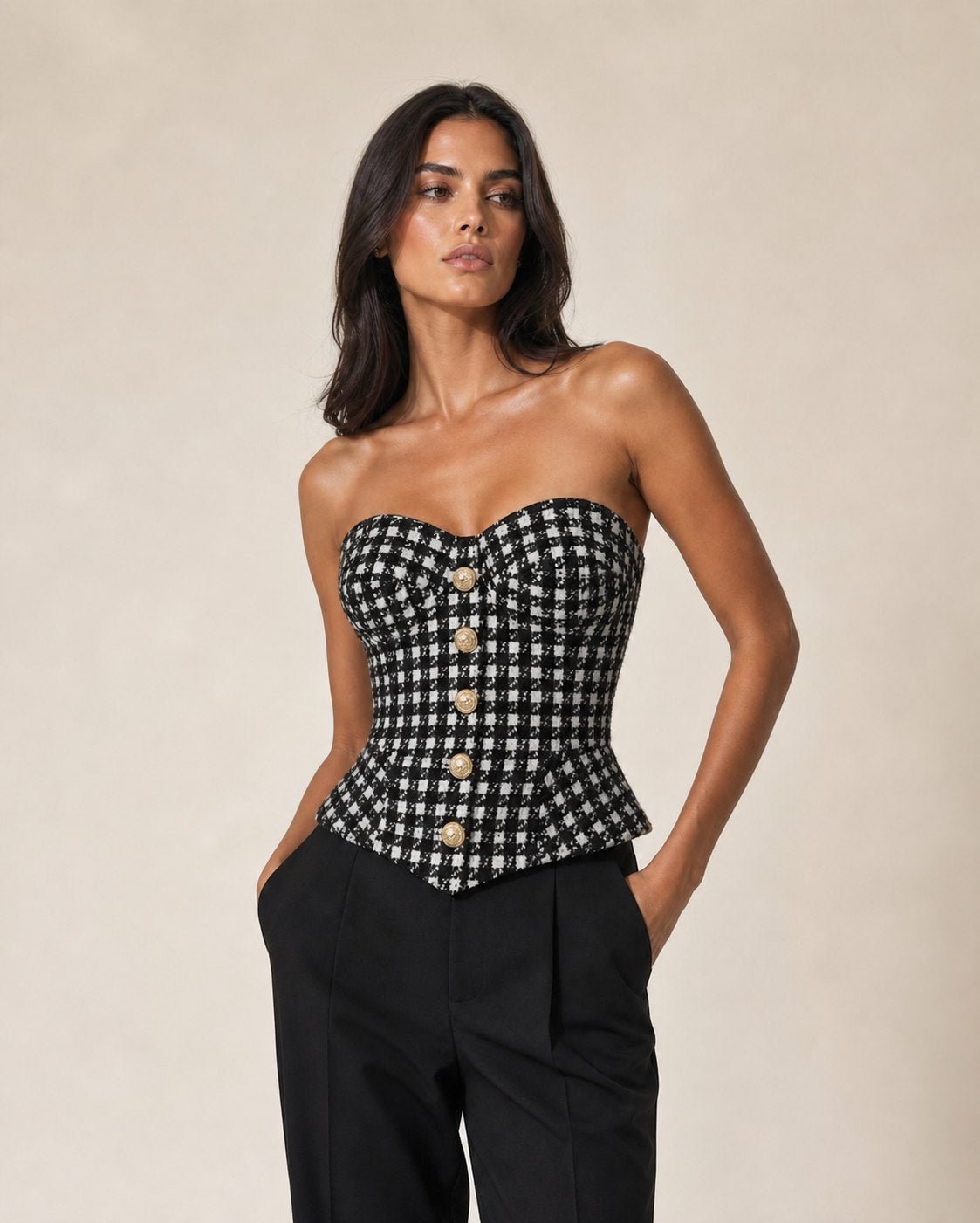 Corset Feminino de Tweed Xadrez com Botões Dourados – Delphine | VIEUX imagem 4
