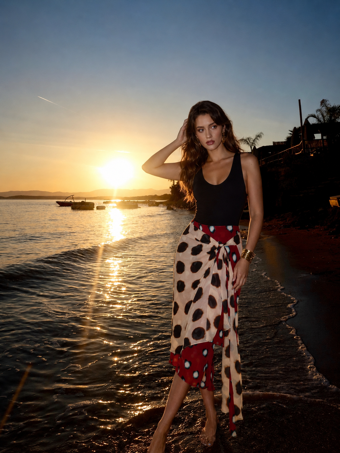 Saia Ludivine em cenário de praia ao pôr do sol