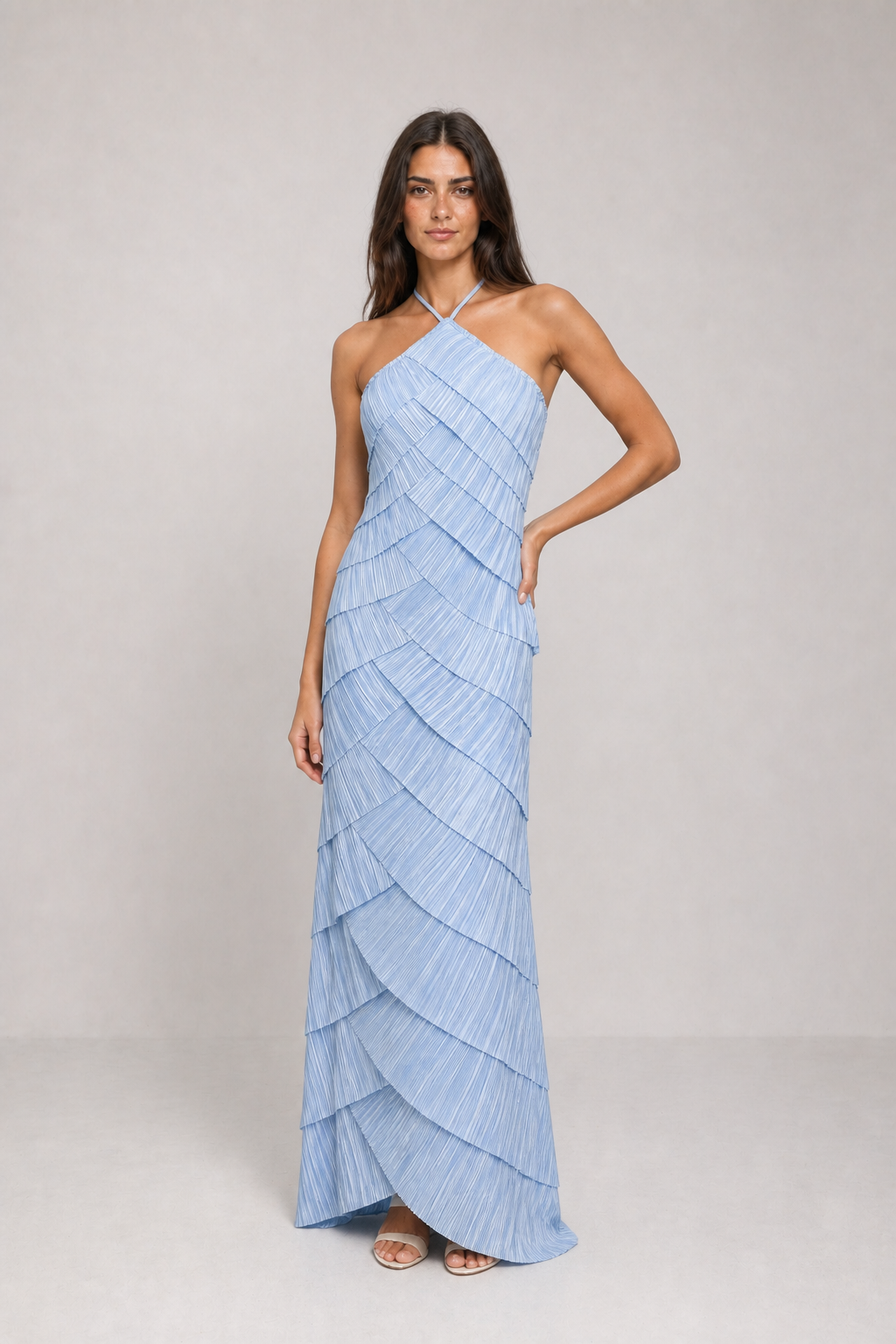 Vestido Longo Plissado Azul Claro Athénaïs VIEUX – vista diagonal