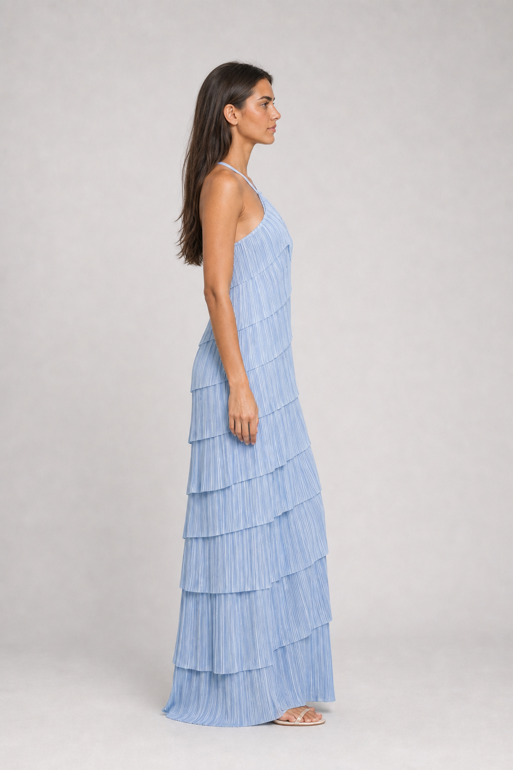 Vestido Longo Plissado Azul Claro Athénaïs VIEUX – vista lateral