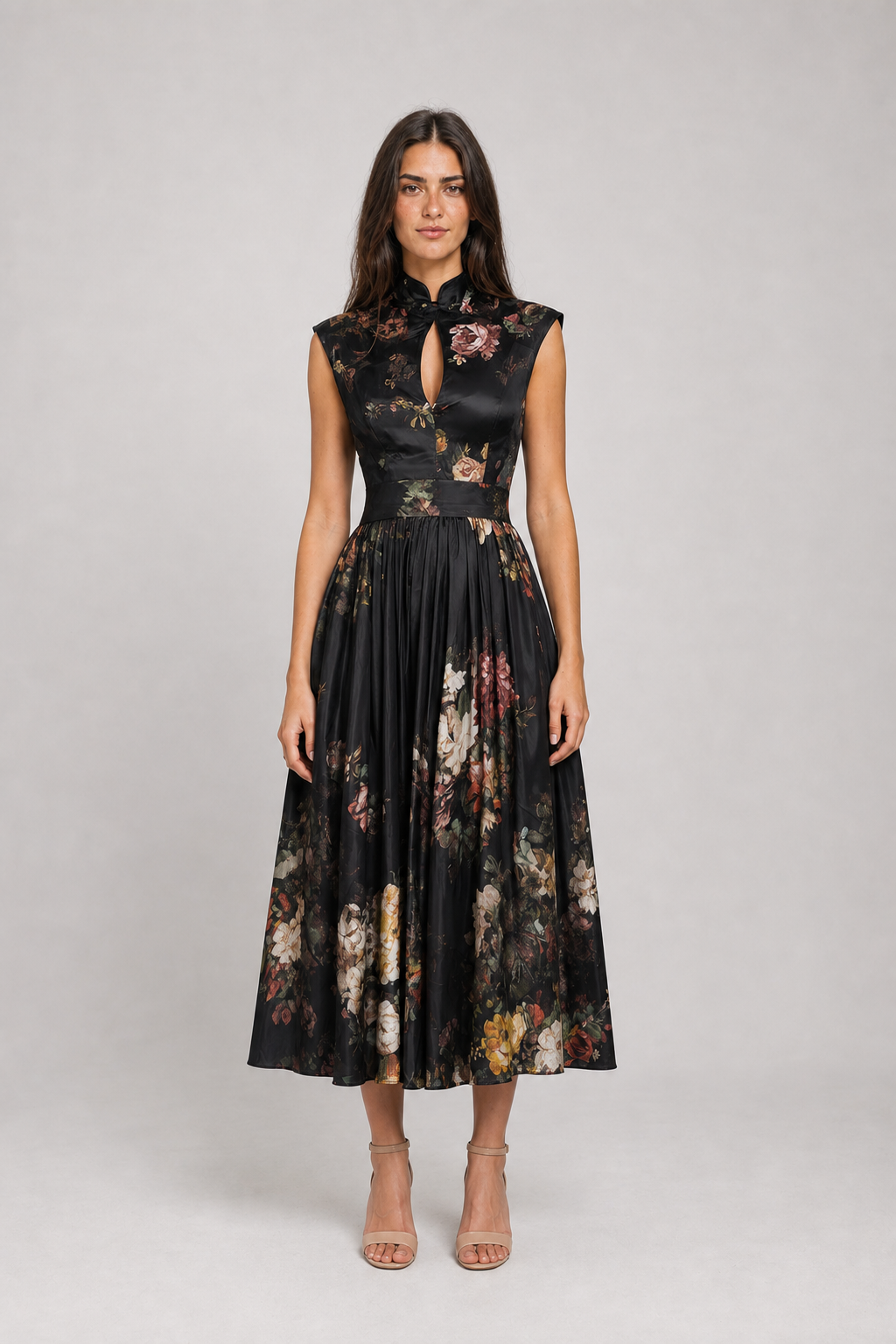 Vestido Midi Preto Floral Mélisande VIEUX – vista frontal