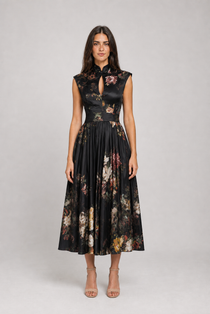 Vestido Midi Preto Floral Mélisande VIEUX – vista frontal