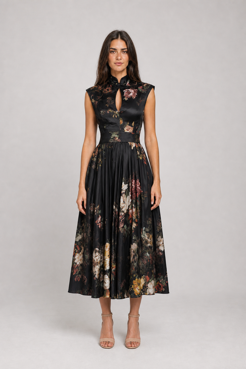 Vestido Midi Preto Floral Mélisande VIEUX – vista frontal