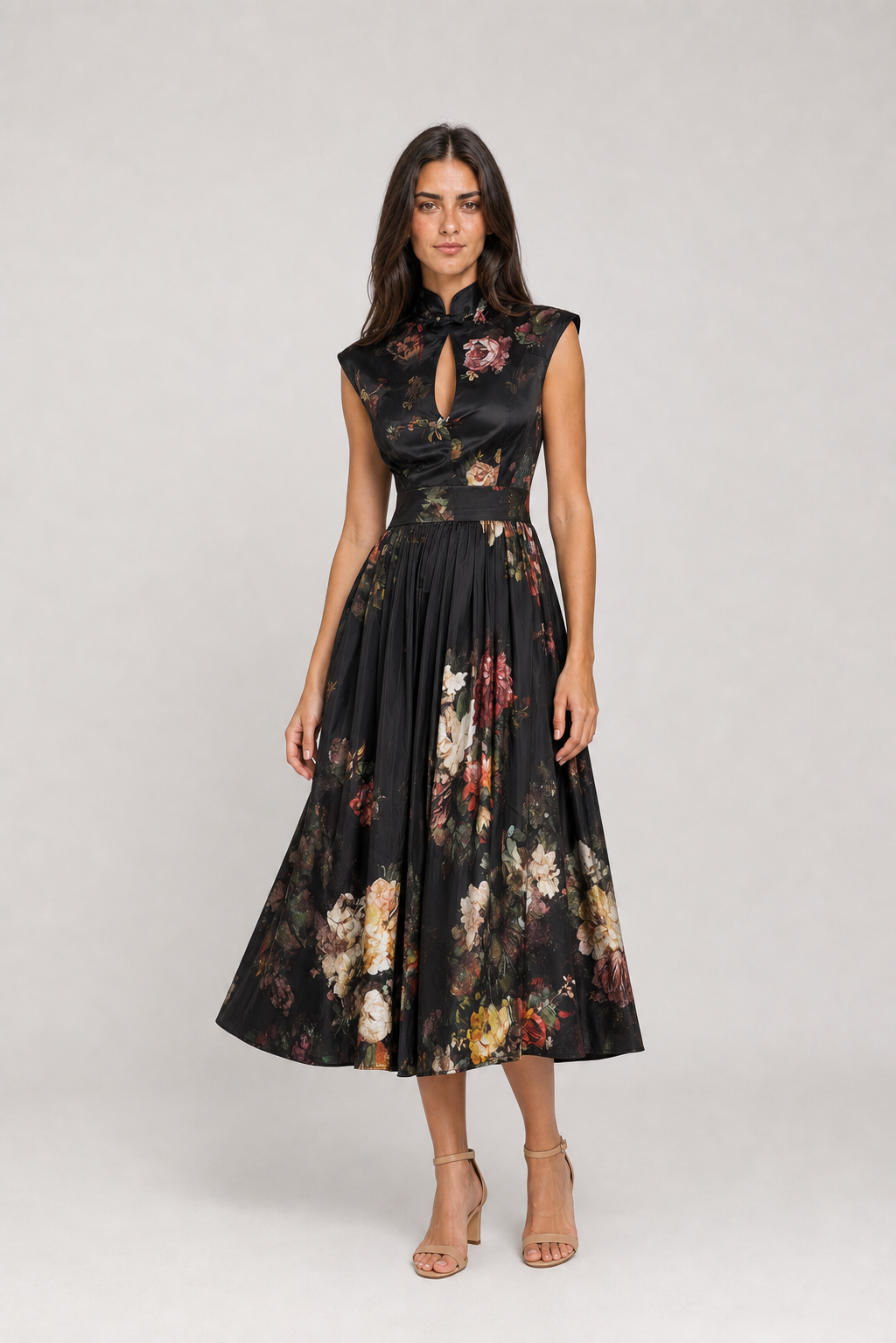 Vestido Midi Preto Floral Mélisande VIEUX – vista diagonal
