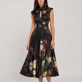 Vestido Midi Preto Floral Mélisande VIEUX – vista diagonal