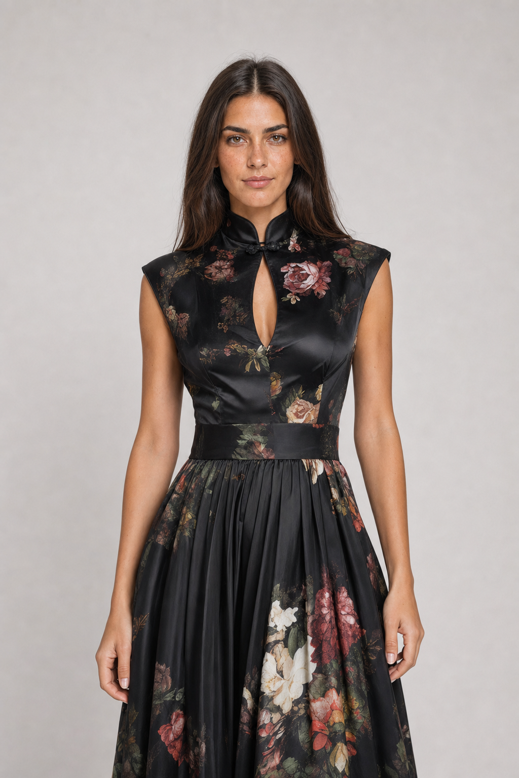 Vestido Midi Preto Floral Mélisande VIEUX – detalhe editorial