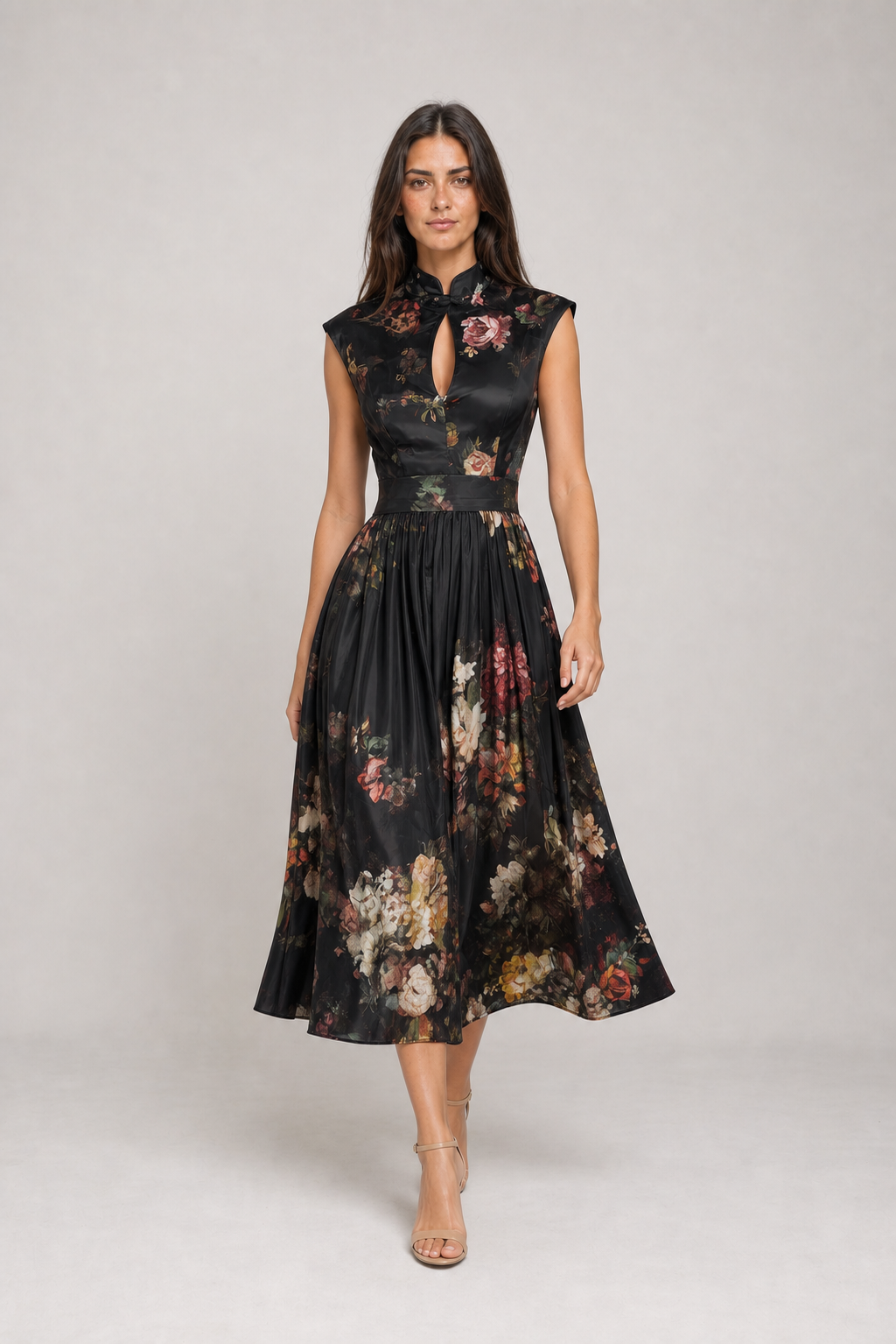 Vestido Midi Preto Floral Mélisande VIEUX – em movimento