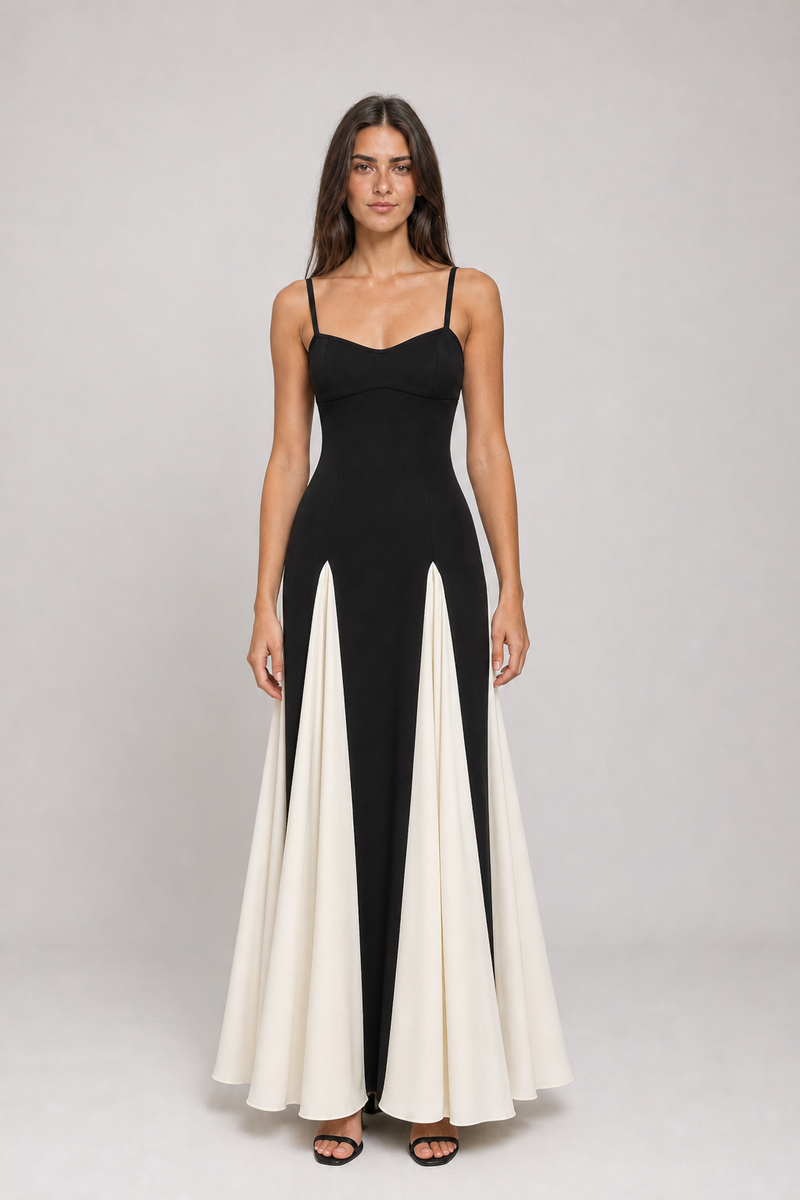 Vestido Longo Preto e Off-White Pétronille VIEUX – vista frontal
