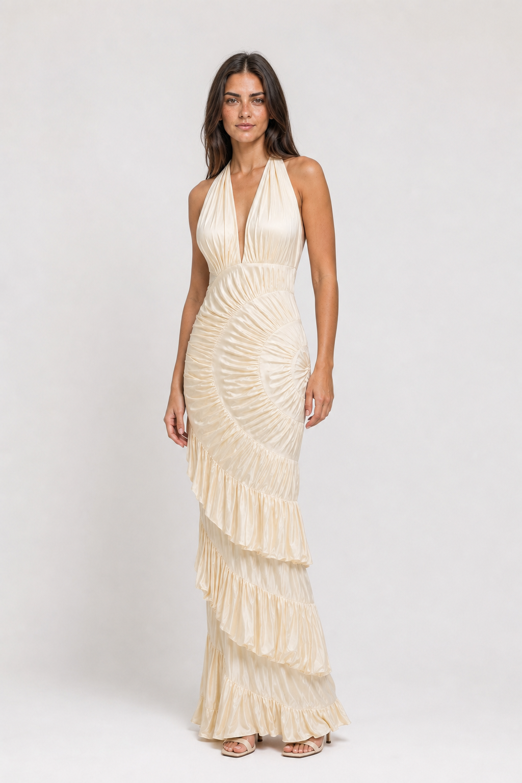 Vestido Longo Champanhe Ysée VIEUX – vista diagonal
