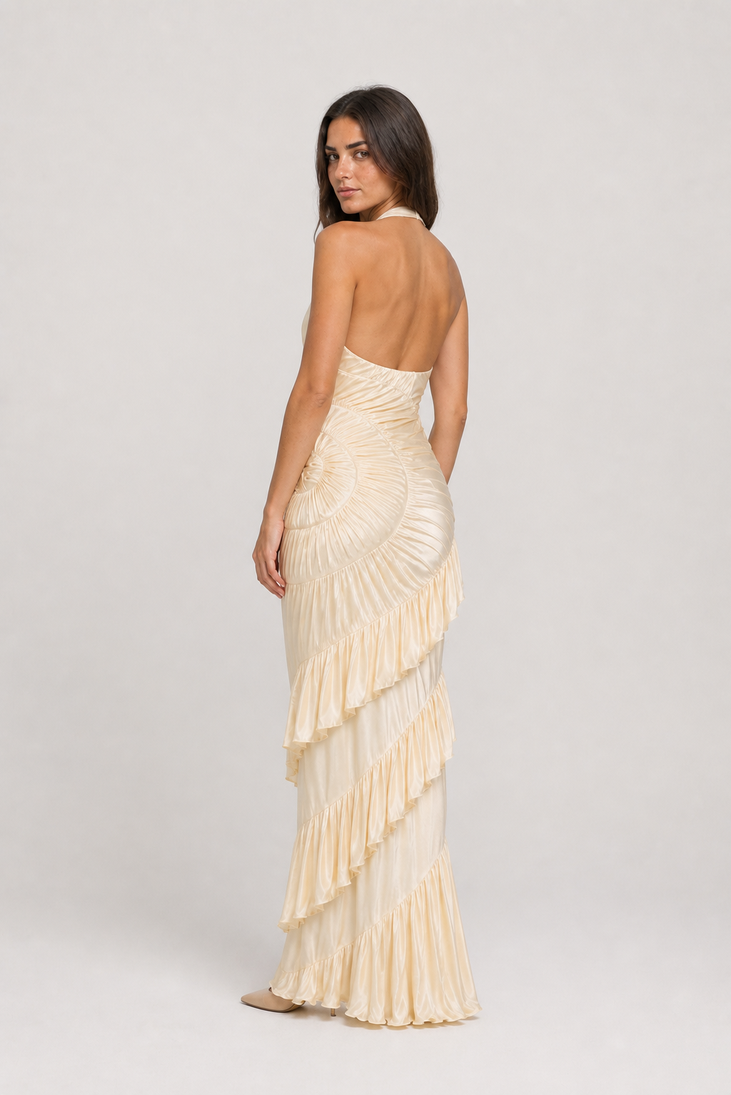 Vestido Longo Champanhe Ysée VIEUX – costas em diagonal