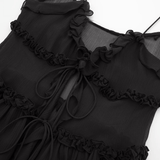 Blusa Preta em Chiffon Transparente com Alças Finas e Babados – Cécélia VIEUX OFICIAL