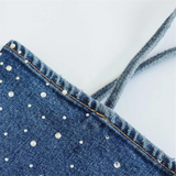 Top Cropped de Jeans com Alças Finas e Aplicações de Strass – Lumière VIEUX OFICIAL