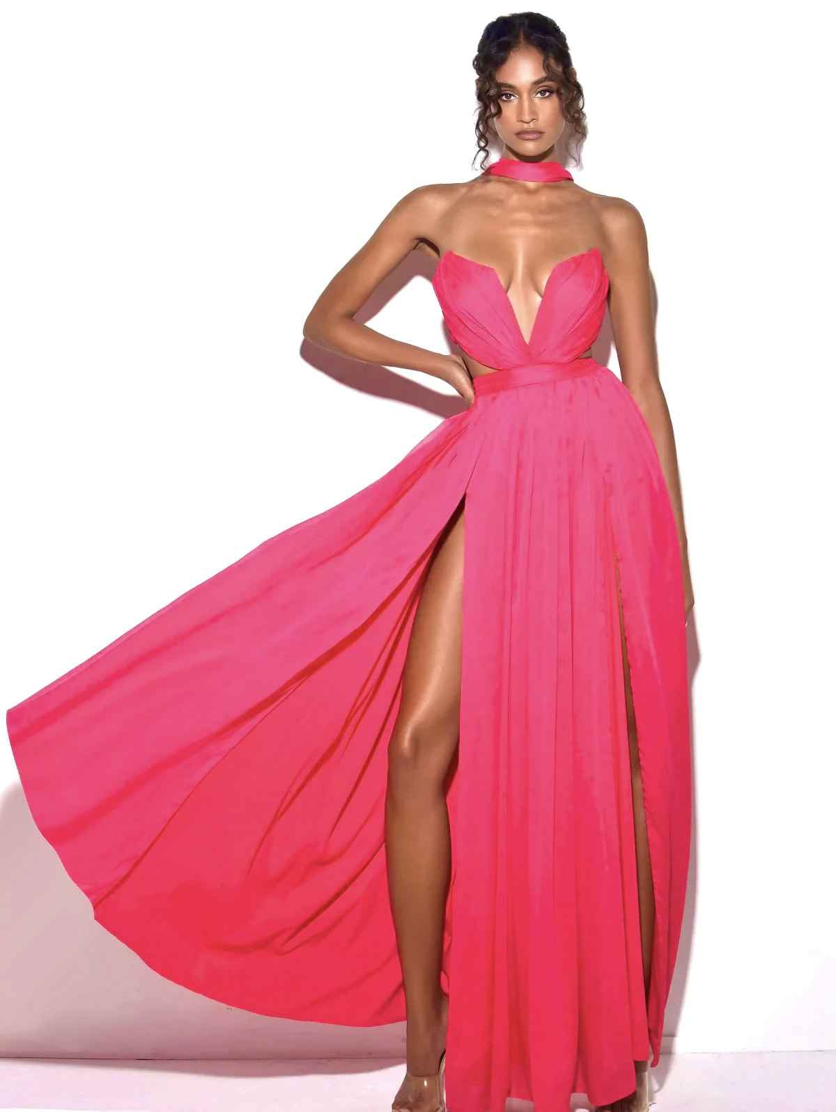 Vestido de Festa Longo Fúcsia com Fendas e Recortes – Ailes - VIEUX OFICIAL