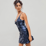 Vestido Curto Azul Marinho com Lantejoulas Grandes e Alças Finas - Paillette VIEUX OFICIAL