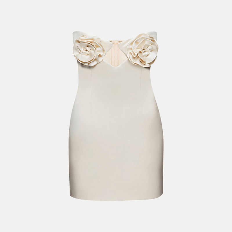 Vestido curto estruturado com flores 3D em cetim bege Rosabelle VIEUX OFICIAL
