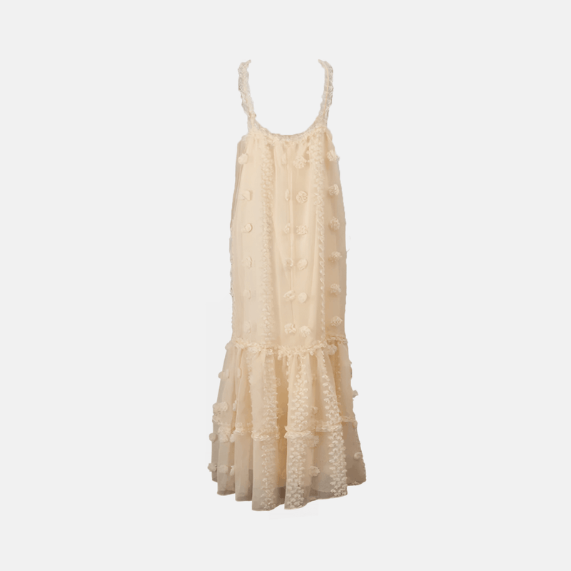 Vestido longo com textura 3D camadas e amarração no pescoço bege Château VIEUX OFICIAL