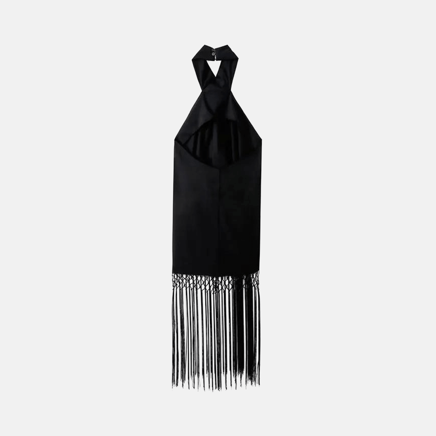 Vestido Midi Preto com Gola Halter e Franjas Longas Vazadas – La Baule - VIEUX OFICIAL
