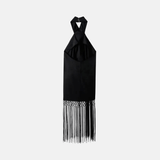 Vestido Midi Preto com Gola Halter e Franjas Longas Vazadas – La Baule - VIEUX OFICIAL