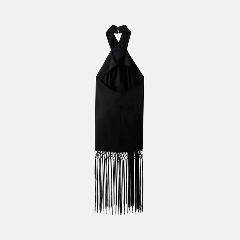 Vestido midi preto com gola halter e franjas longas vazadas La Baule VIEUX OFICIAL