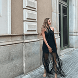 Vestido Midi Preto com Gola Halter e Franjas Longas Vazadas – La Baule - VIEUX OFICIAL
