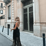 Vestido Midi Preto com Gola Halter e Franjas Longas Vazadas – La Baule - VIEUX OFICIAL